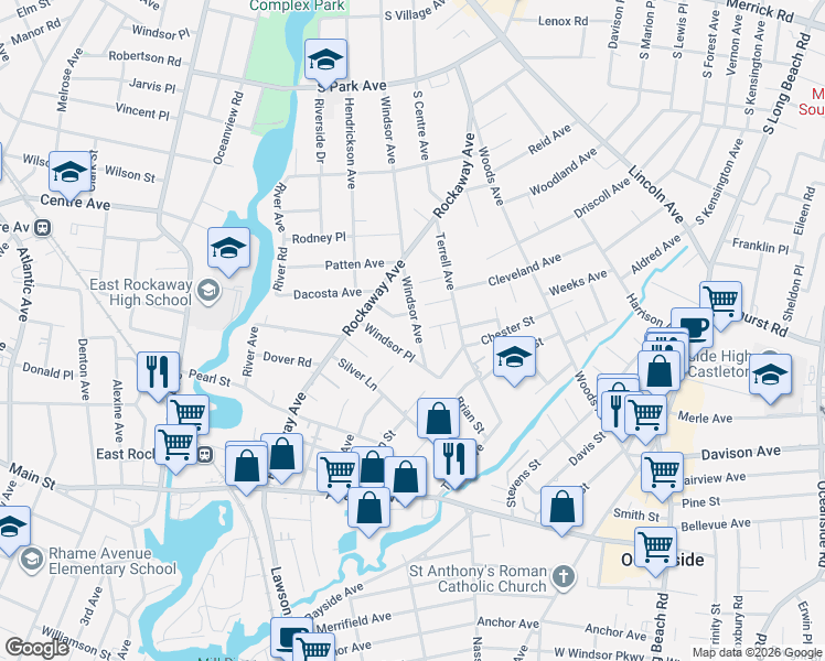 map of restaurants, bars, coffee shops, grocery stores, and more near 2664 Windsor Avenue in Oceanside