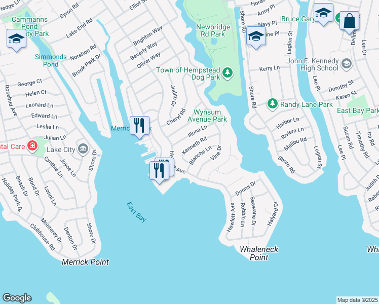 map of restaurants, bars, coffee shops, grocery stores, and more near 2050 Kenneth Road in Merrick