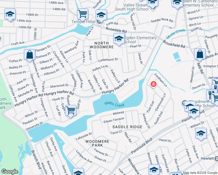 map of restaurants, bars, coffee shops, grocery stores, and more near 7 Gale Drive in Valley Stream