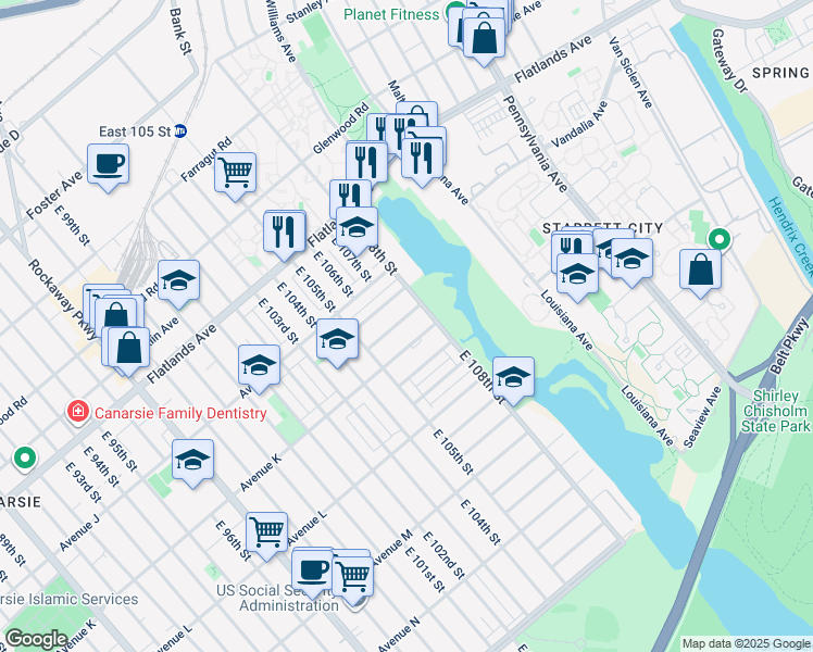 map of restaurants, bars, coffee shops, grocery stores, and more near 10554 Flatlands 2nd Street in Brooklyn