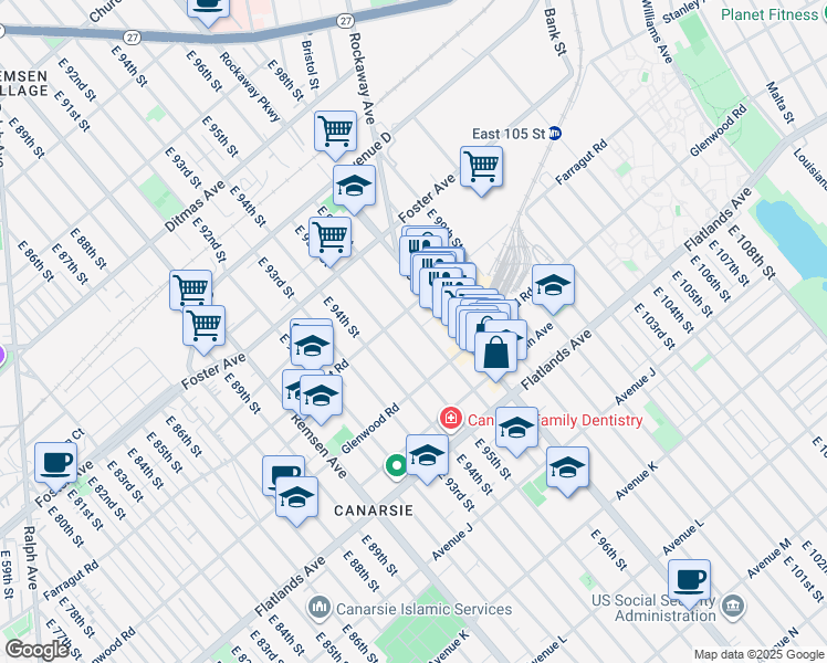 map of restaurants, bars, coffee shops, grocery stores, and more near 1017 East 95th Street in Brooklyn