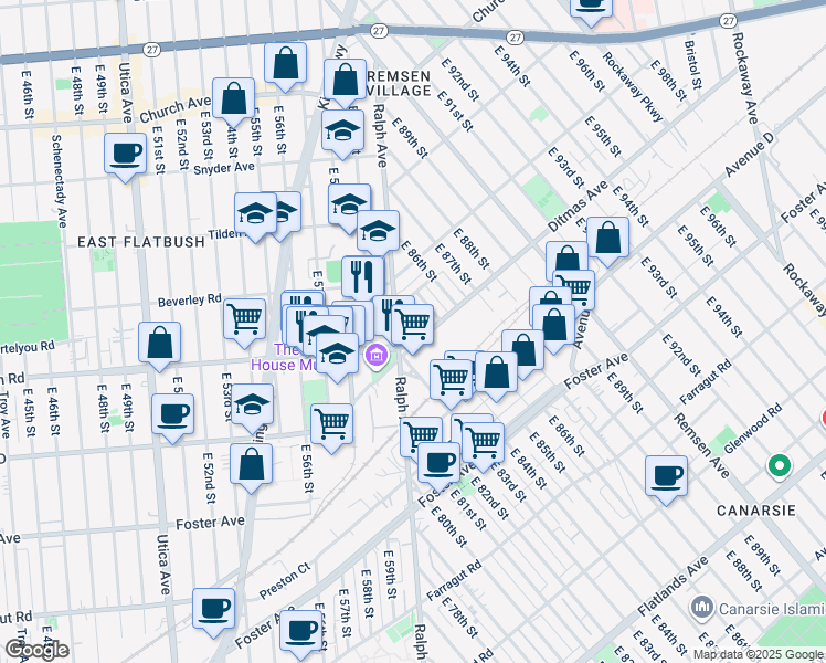 map of restaurants, bars, coffee shops, grocery stores, and more near 1255 Ralph Avenue in Brooklyn