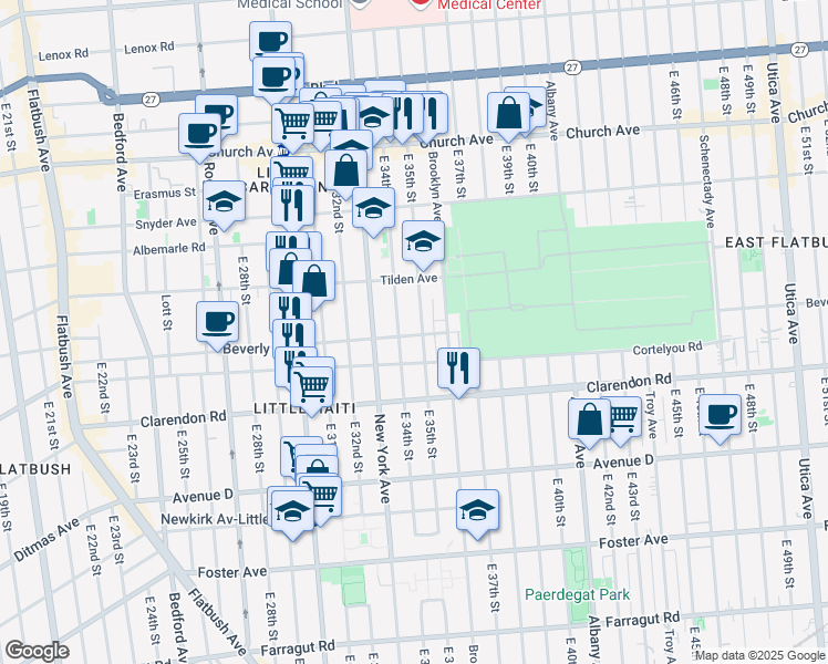 map of restaurants, bars, coffee shops, grocery stores, and more near 3501 Beverley Road in Brooklyn