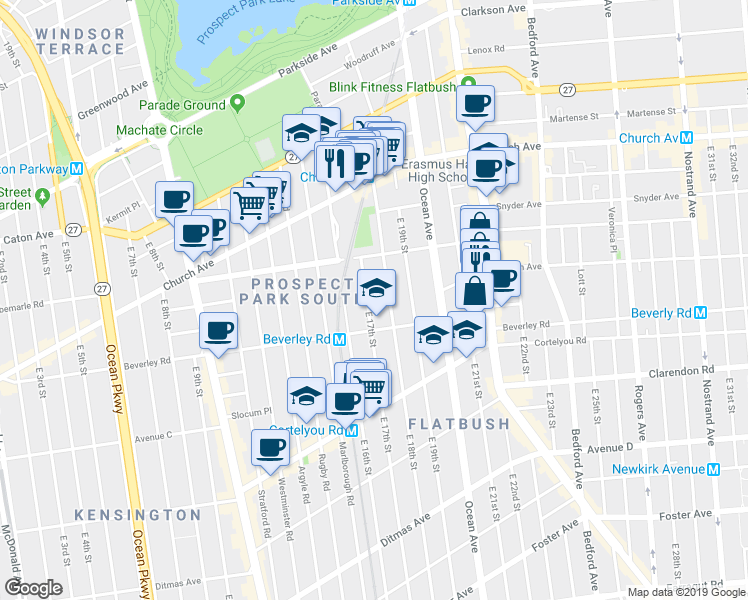 map of restaurants, bars, coffee shops, grocery stores, and more near 222 East 17th Street in Brooklyn