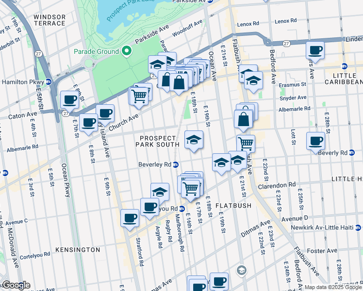 map of restaurants, bars, coffee shops, grocery stores, and more near 222 East 17th Street in Brooklyn