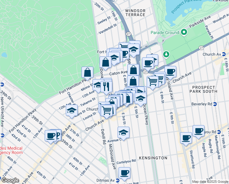 map of restaurants, bars, coffee shops, grocery stores, and more near 205 Albemarle Road in Brooklyn