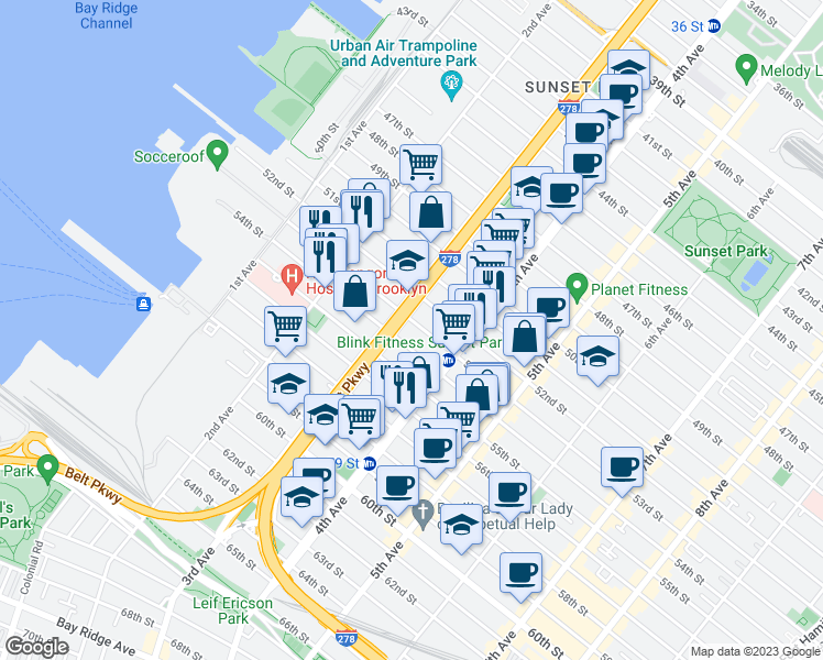 map of restaurants, bars, coffee shops, grocery stores, and more near 324 53rd Street in Brooklyn
