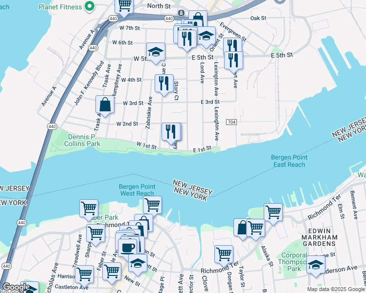 map of restaurants, bars, coffee shops, grocery stores, and more near 5 West 1st Street in Bayonne