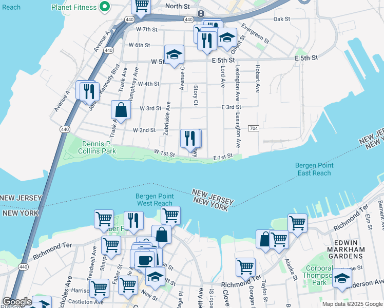 map of restaurants, bars, coffee shops, grocery stores, and more near 35 West 1st Street in Bayonne
