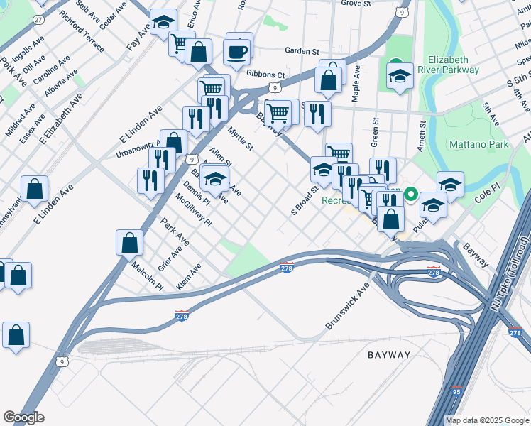 map of restaurants, bars, coffee shops, grocery stores, and more near 937 Meacham Avenue in Linden