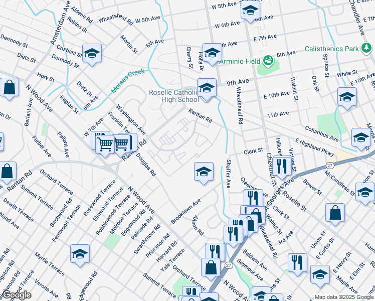 map of restaurants, bars, coffee shops, grocery stores, and more near 108 Greenway Boulevard in Roselle
