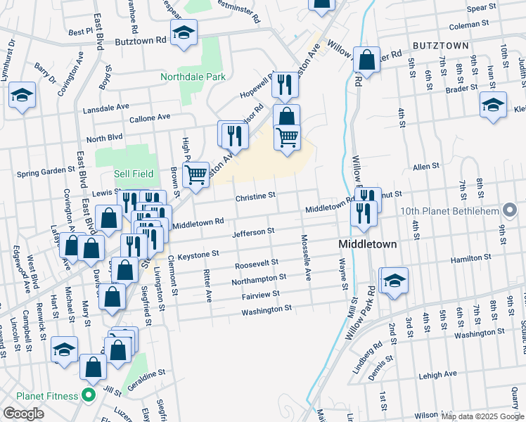 map of restaurants, bars, coffee shops, grocery stores, and more near 2949 Middletown Road in Bethlehem