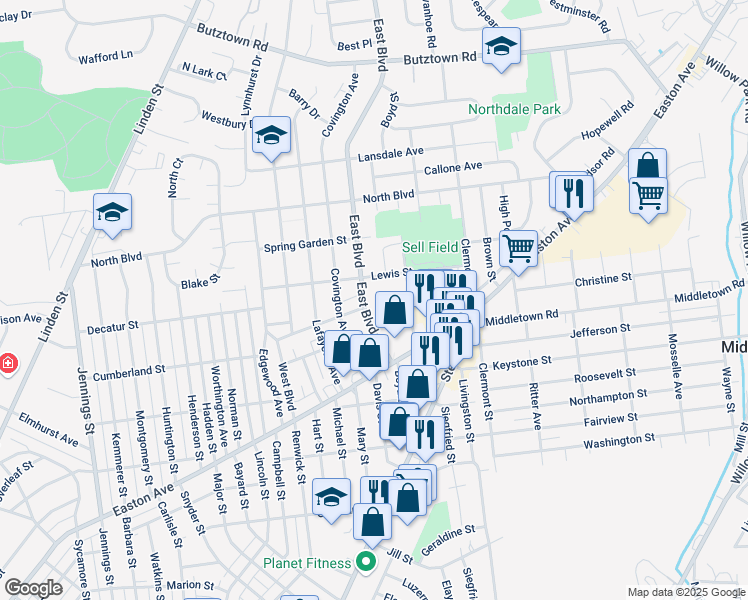 map of restaurants, bars, coffee shops, grocery stores, and more near 2210 East Boulevard in Bethlehem
