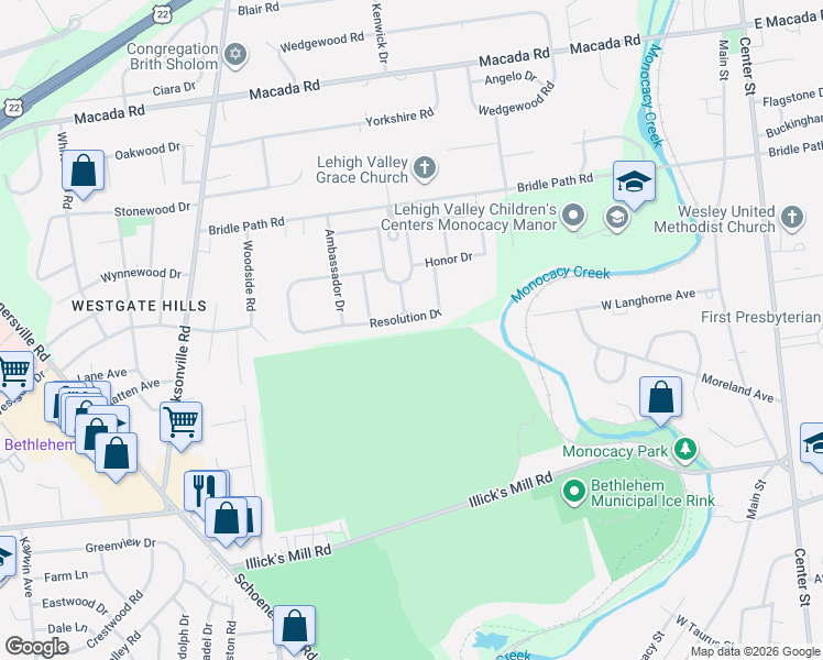 map of restaurants, bars, coffee shops, grocery stores, and more near 1005 Resolution Drive in Bethlehem