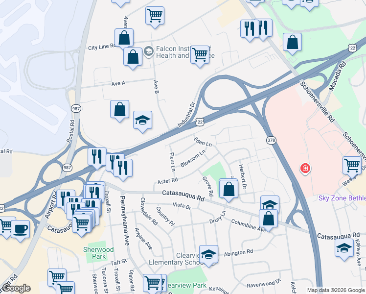 map of restaurants, bars, coffee shops, grocery stores, and more near 2143 Dogwood Lane in Bethlehem
