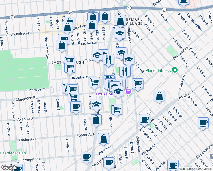 map of restaurants, bars, coffee shops, grocery stores, and more near 458 East 56th Street in Brooklyn