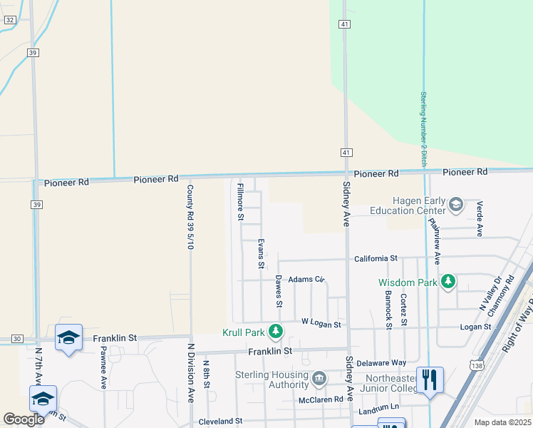 map of restaurants, bars, coffee shops, grocery stores, and more near 1714 Evans Street in Sterling