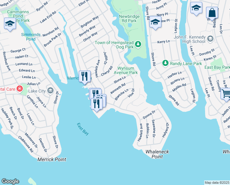 map of restaurants, bars, coffee shops, grocery stores, and more near 2050 Kenneth Road in Merrick