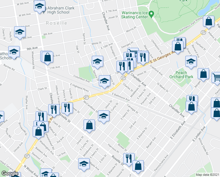 map of restaurants, bars, coffee shops, grocery stores, and more near 1101 East Saint Georges Avenue in Roselle