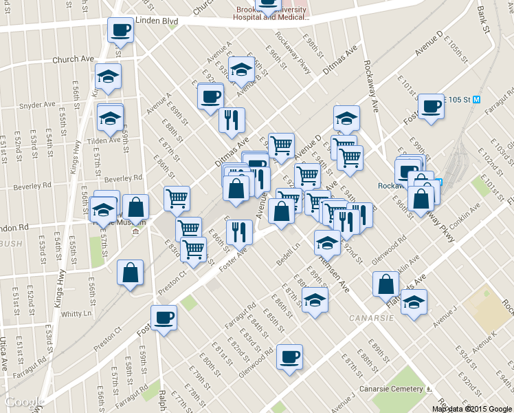map of restaurants, bars, coffee shops, grocery stores, and more near 8719 Avenue D in Brooklyn