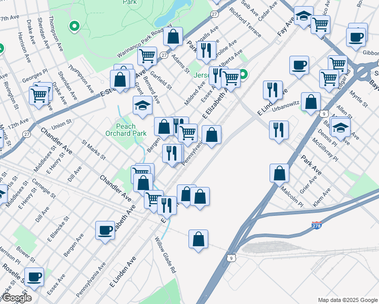 map of restaurants, bars, coffee shops, grocery stores, and more near 1601 Pennsylvania Avenue in Linden