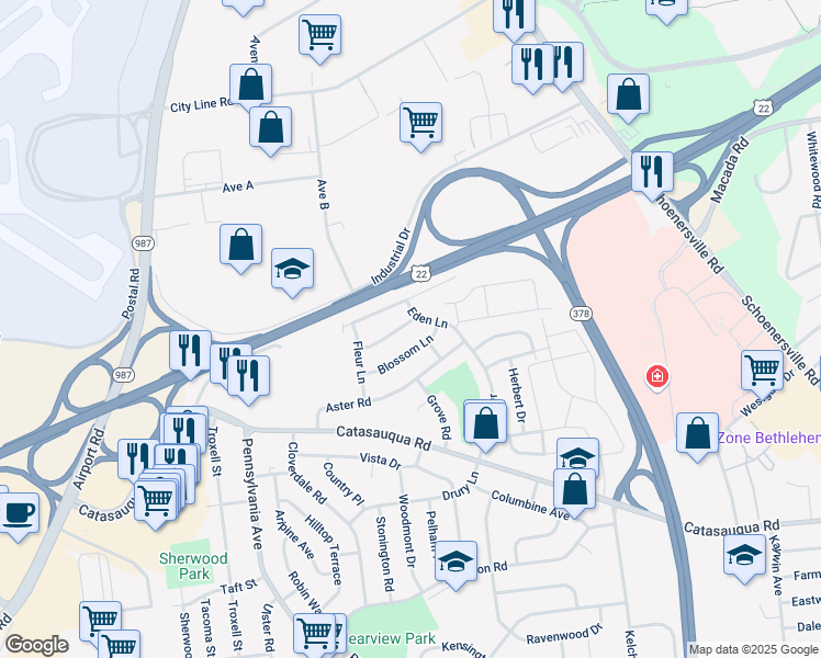 map of restaurants, bars, coffee shops, grocery stores, and more near 2109 Cypress Road in Bethlehem