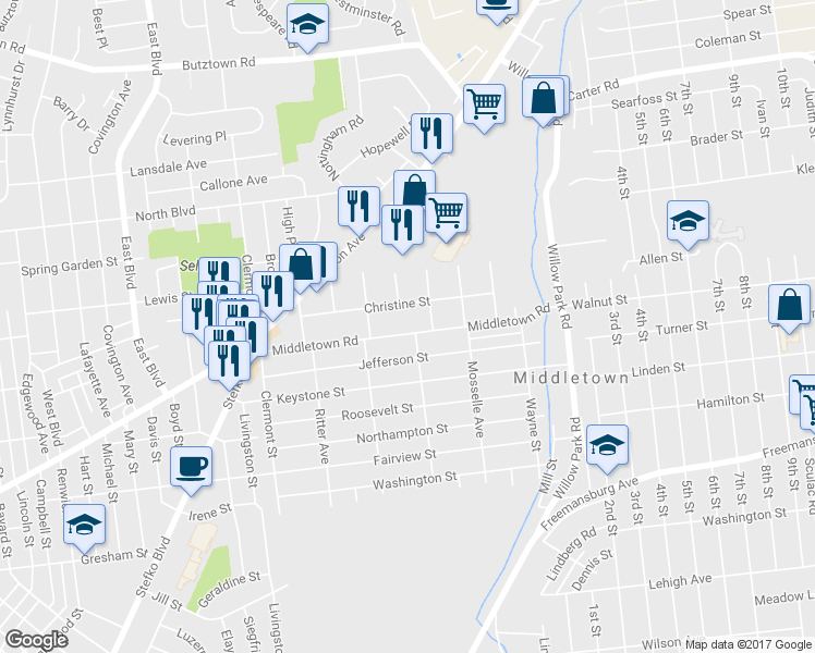 map of restaurants, bars, coffee shops, grocery stores, and more near 2949 Middletown Road in Bethlehem