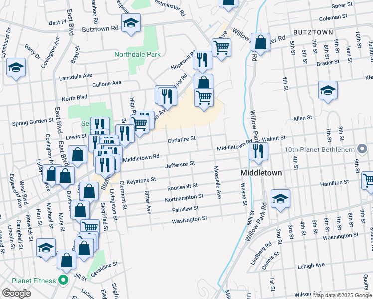 map of restaurants, bars, coffee shops, grocery stores, and more near 2949 Middletown Road in Bethlehem