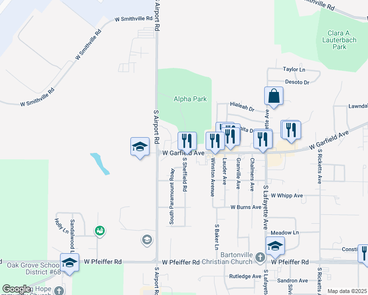 map of restaurants, bars, coffee shops, grocery stores, and more near 1587 West Garfield Avenue in Bartonville
