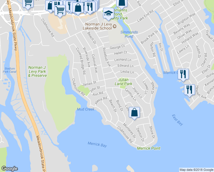 map of restaurants, bars, coffee shops, grocery stores, and more near 2885 Beach Drive in Merrick