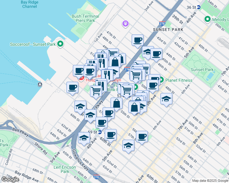 map of restaurants, bars, coffee shops, grocery stores, and more near 324 53rd Street in Brooklyn