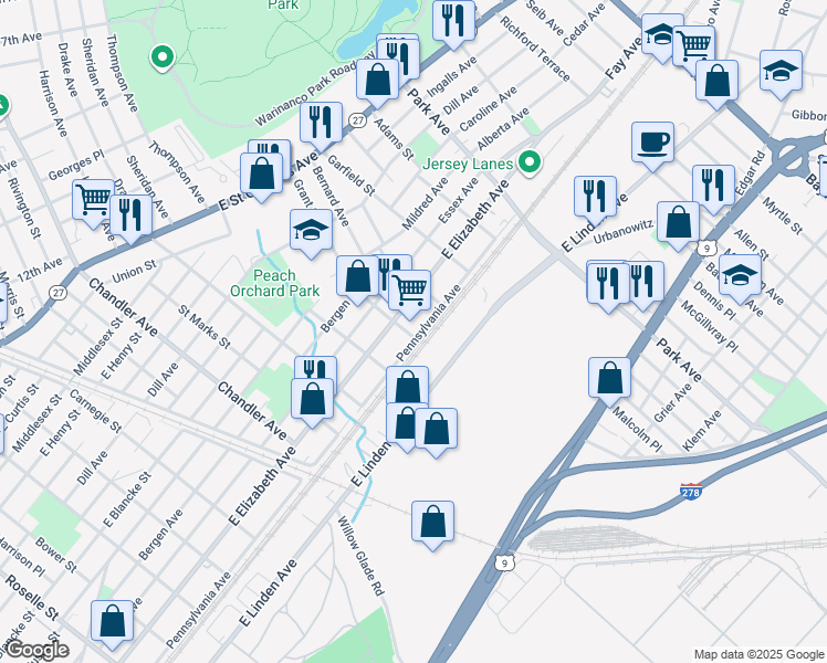 map of restaurants, bars, coffee shops, grocery stores, and more near 1601 Pennsylvania Avenue in Linden