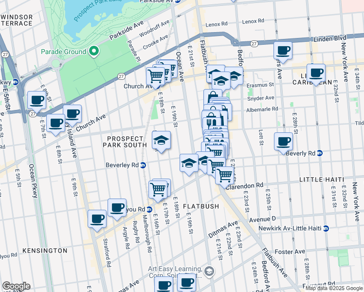 map of restaurants, bars, coffee shops, grocery stores, and more near 167 East 19th Street in Brooklyn