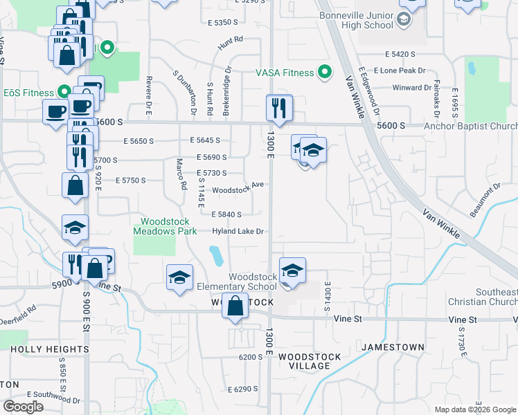 map of restaurants, bars, coffee shops, grocery stores, and more near 5825 South Turner Drive in Salt Lake City