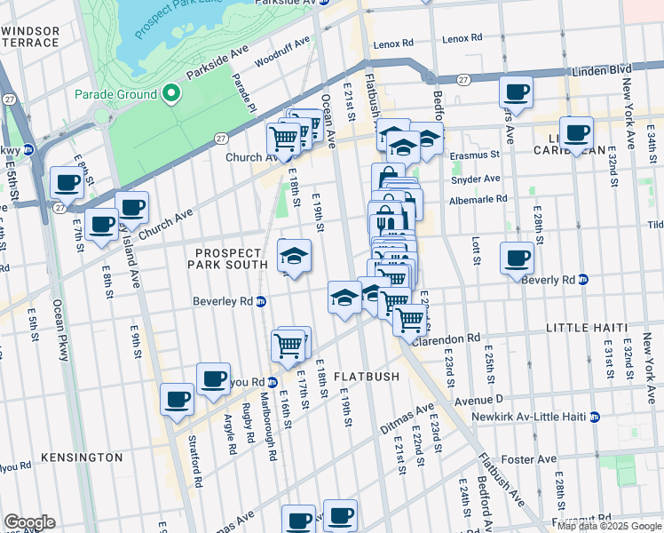 map of restaurants, bars, coffee shops, grocery stores, and more near 165 East 19th Street in Brooklyn