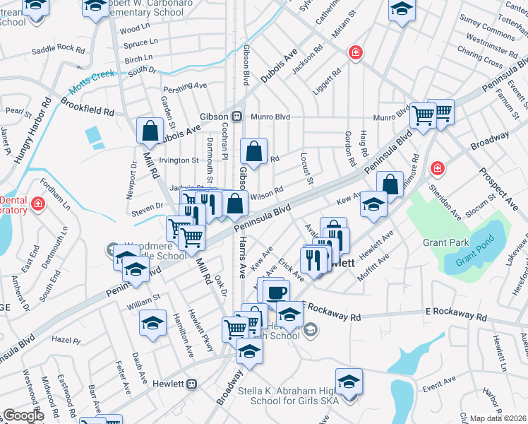 map of restaurants, bars, coffee shops, grocery stores, and more near 3 Peninsula Boulevard in Valley Stream