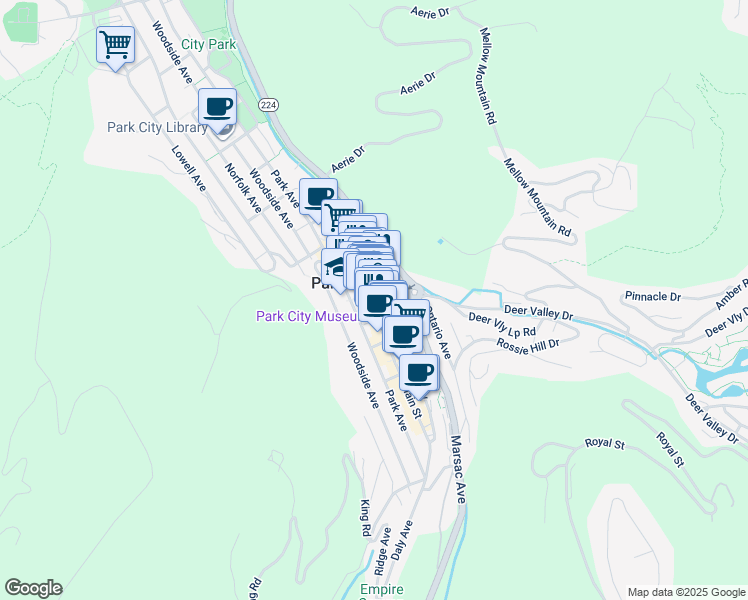 map of restaurants, bars, coffee shops, grocery stores, and more near 580 Main Street in Park City