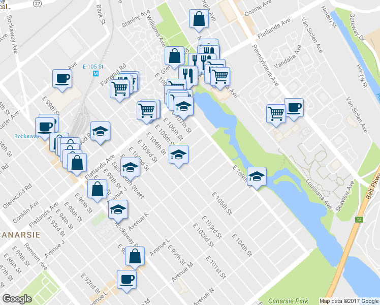 map of restaurants, bars, coffee shops, grocery stores, and more near 10520 Flatlands 1st Street in Brooklyn
