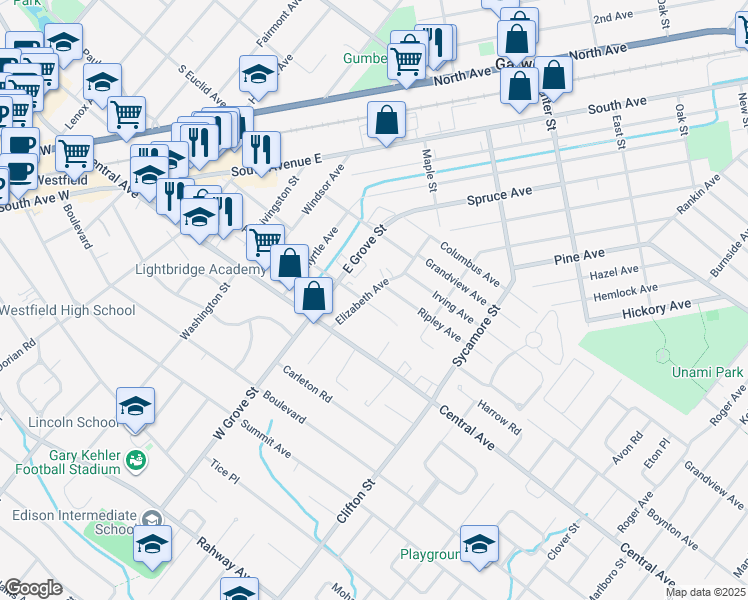 map of restaurants, bars, coffee shops, grocery stores, and more near 202 Elizabeth Avenue in Westfield