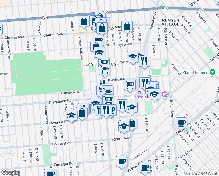 map of restaurants, bars, coffee shops, grocery stores, and more near 652 East 51st Street in Brooklyn