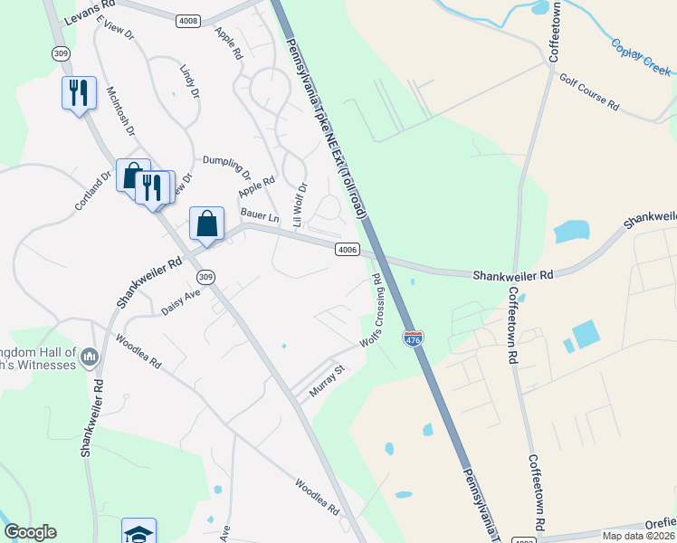 map of restaurants, bars, coffee shops, grocery stores, and more near 3410 Faye Drive in Lehigh County