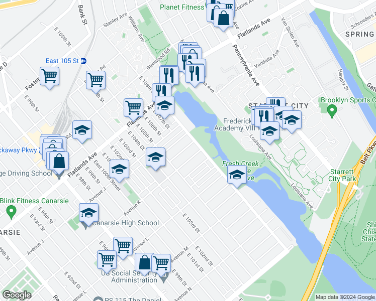 map of restaurants, bars, coffee shops, grocery stores, and more near 10554 Flatlands 2nd Street in Brooklyn