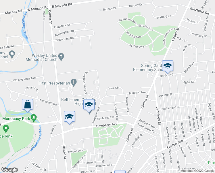 map of restaurants, bars, coffee shops, grocery stores, and more near 453 Vera Circle in Bethlehem