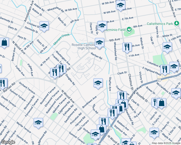 map of restaurants, bars, coffee shops, grocery stores, and more near 108 Greenway Boulevard in Roselle