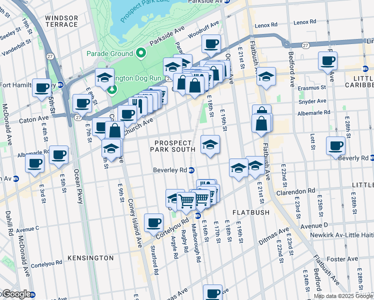 map of restaurants, bars, coffee shops, grocery stores, and more near 187 Marlborough Road in Brooklyn