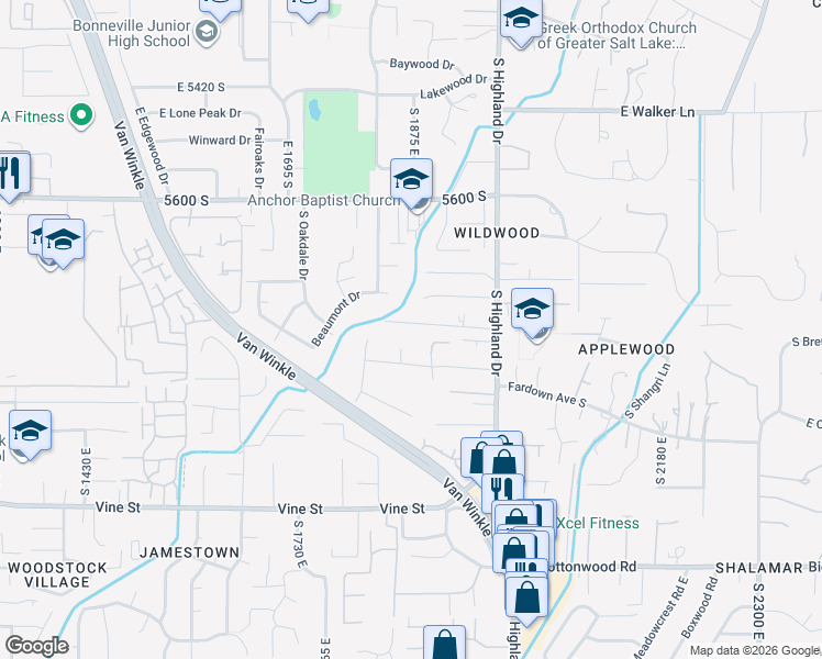 map of restaurants, bars, coffee shops, grocery stores, and more near 1860 Frontier Road South in Holladay