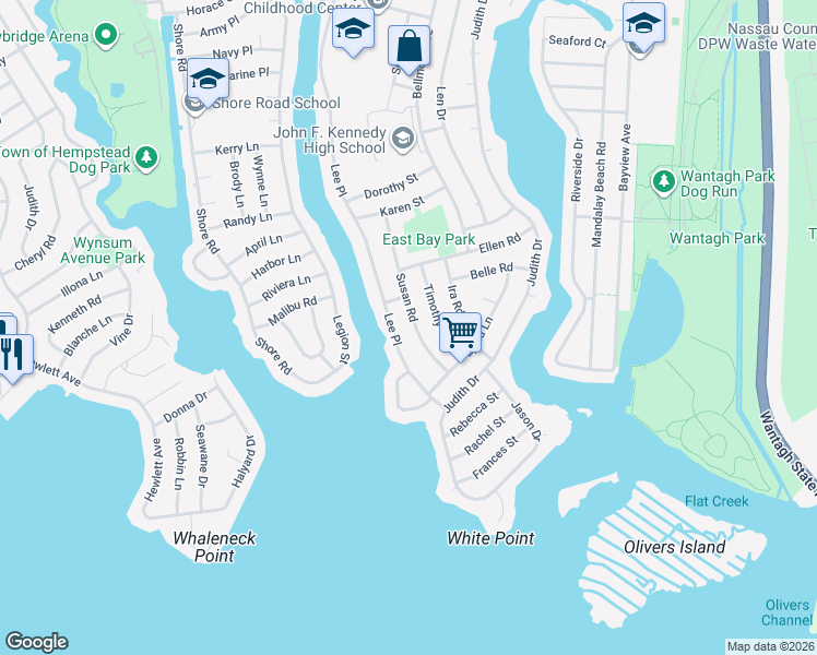 map of restaurants, bars, coffee shops, grocery stores, and more near 3086 Susan Road in Bellmore