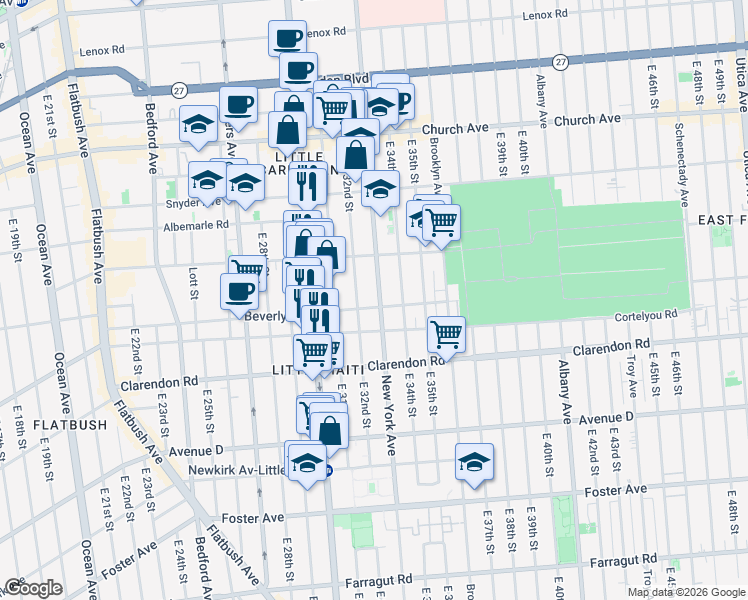 map of restaurants, bars, coffee shops, grocery stores, and more near 3201 Beverley Road in Brooklyn