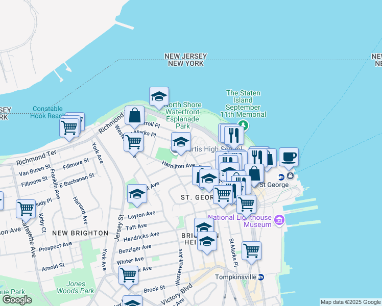 map of restaurants, bars, coffee shops, grocery stores, and more near 170 St Marks Pl in Staten Island