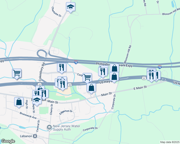 map of restaurants, bars, coffee shops, grocery stores, and more near 600 Corporate Drive in Lebanon